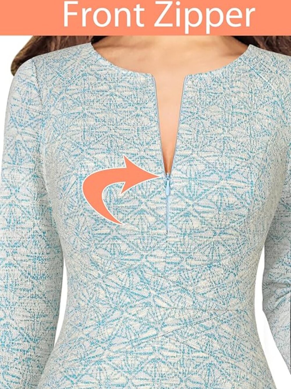 Fit and Flare Skater Front Zipper A-Line Dresses 3/4 Sleeve - Picture 3 of 3